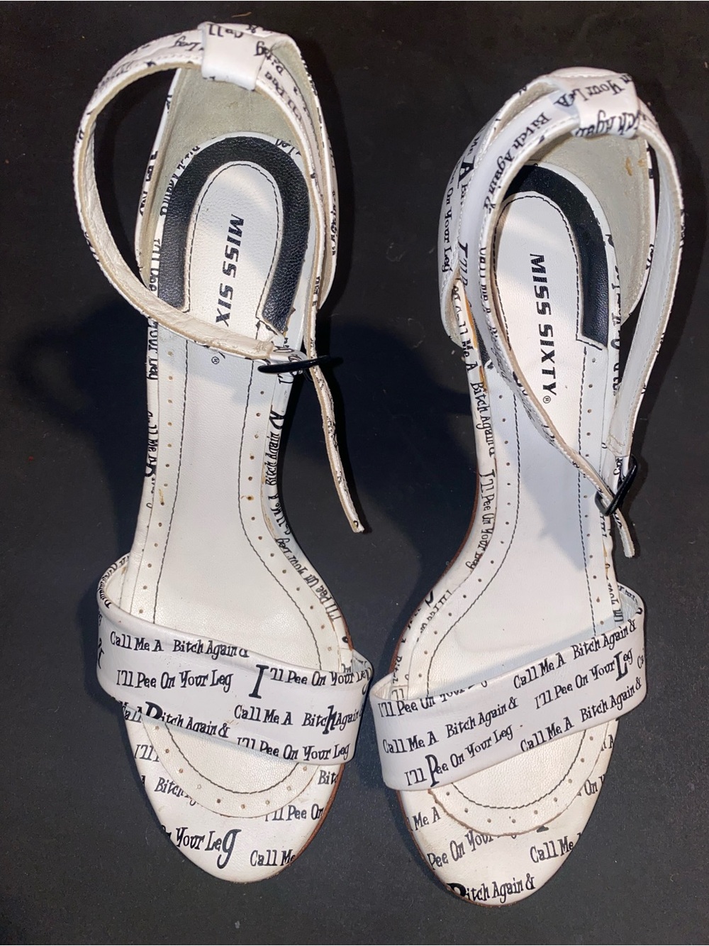 Rare Miss Sixty White and Black Call Me A B*tch Again Sandals